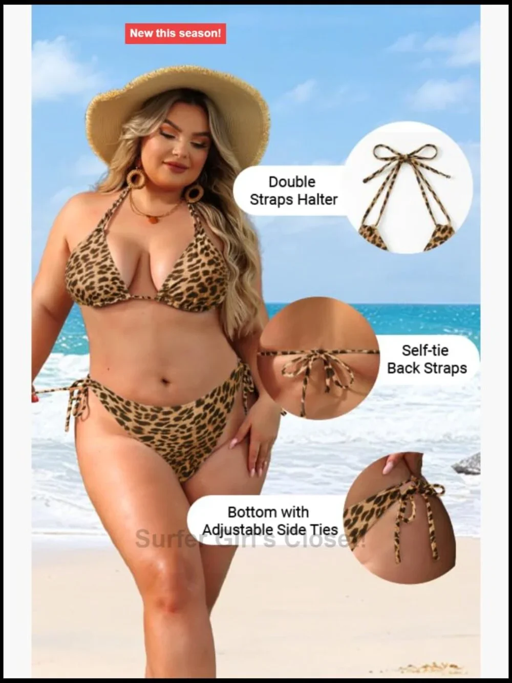 Plus Size Triangle Bikini Set - Adjustable Halter Tops & Side-Tie Bottoms